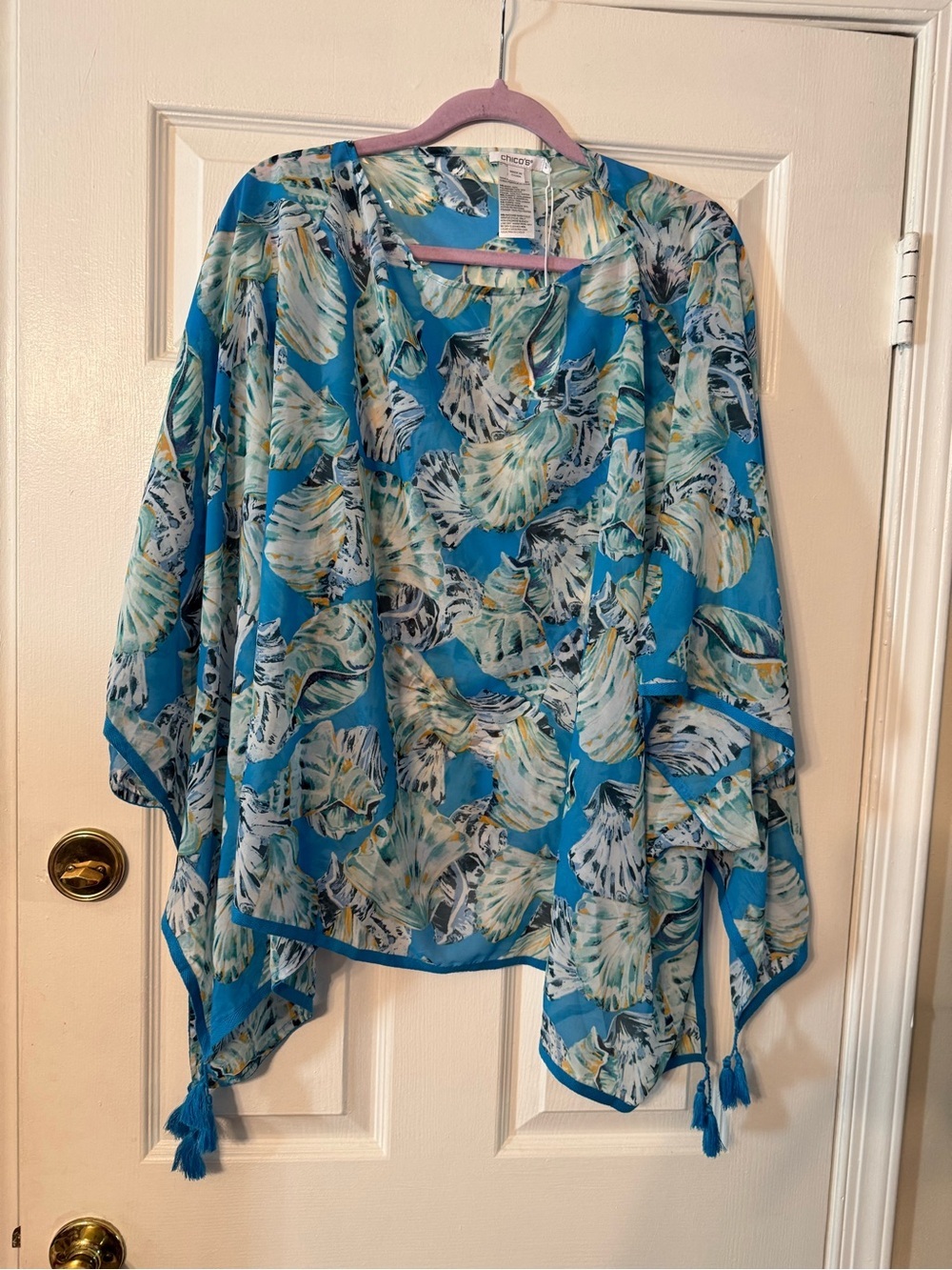 Chico's Teal Shell- Print Kimono with Tassels